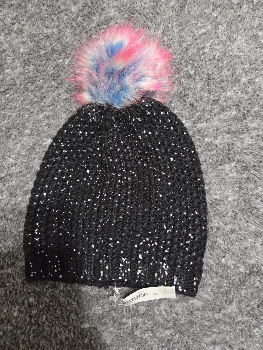 Old Navy Black Sparkle Knit Beanie with Blue and Pink Faux Fur Pom
